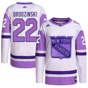 Youth New York Rangers Jonny Brodzinski Adidas Authentic Hockey Fights Cancer Primegreen Jersey - White/Purple
