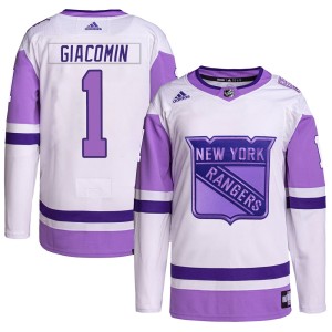 Youth New York Rangers Eddie Giacomin Adidas Authentic Hockey Fights Cancer Primegreen Jersey - White/Purple