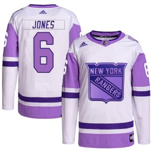 Youth New York Rangers Zac Jones Adidas Authentic Hockey Fights Cancer Primegreen Jersey - White/Purple