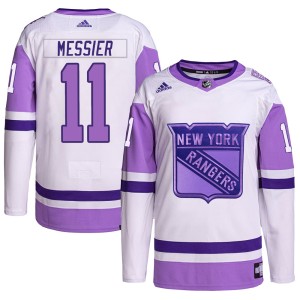 Youth New York Rangers Mark Messier Adidas Authentic Hockey Fights Cancer Primegreen Jersey - White/Purple