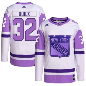 Youth New York Rangers Jonathan Quick Adidas Authentic Hockey Fights Cancer Primegreen Jersey - White/Purple
