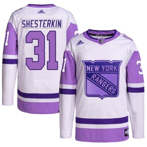 Youth New York Rangers Igor Shesterkin Adidas Authentic Hockey Fights Cancer Primegreen Jersey - White/Purple