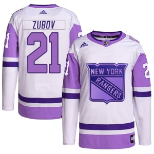 Youth New York Rangers Sergei Zubov Adidas Authentic Hockey Fights Cancer Primegreen Jersey - White/Purple