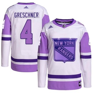 Men's New York Rangers Ron Greschner Adidas Authentic Hockey Fights Cancer Primegreen Jersey - White/Purple