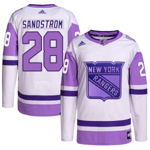 Men's New York Rangers Tomas Sandstrom Adidas Authentic Hockey Fights Cancer Primegreen Jersey - White/Purple