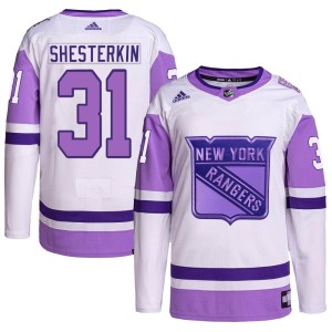 Men's New York Rangers Igor Shesterkin Adidas Authentic Hockey Fights Cancer Primegreen Jersey - White/Purple