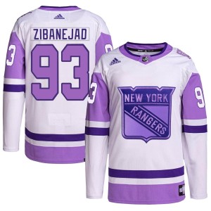 Men's New York Rangers Mika Zibanejad Adidas Authentic Hockey Fights Cancer Primegreen Jersey - White/Purple